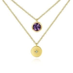 14K Yellow Gold Round Bezel Set Amethyst and Diamond Disc Necklace