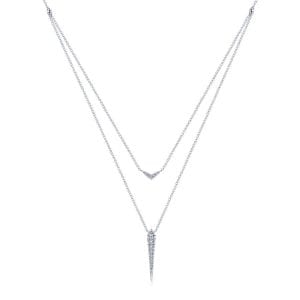 14K White Gold Layered Pavé Diamond Bar and Spike Pendant Necklace