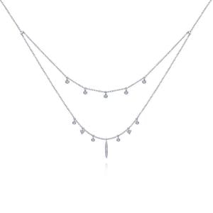 14K White Gold Layered Diamond Charm Drop Necklace