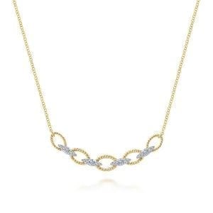 14K Yellow-White Gold Twisted Rope Oval Link Necklace with Diamond Connectors