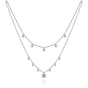 14k White Gold Layered Diamond Charm Drop Necklace