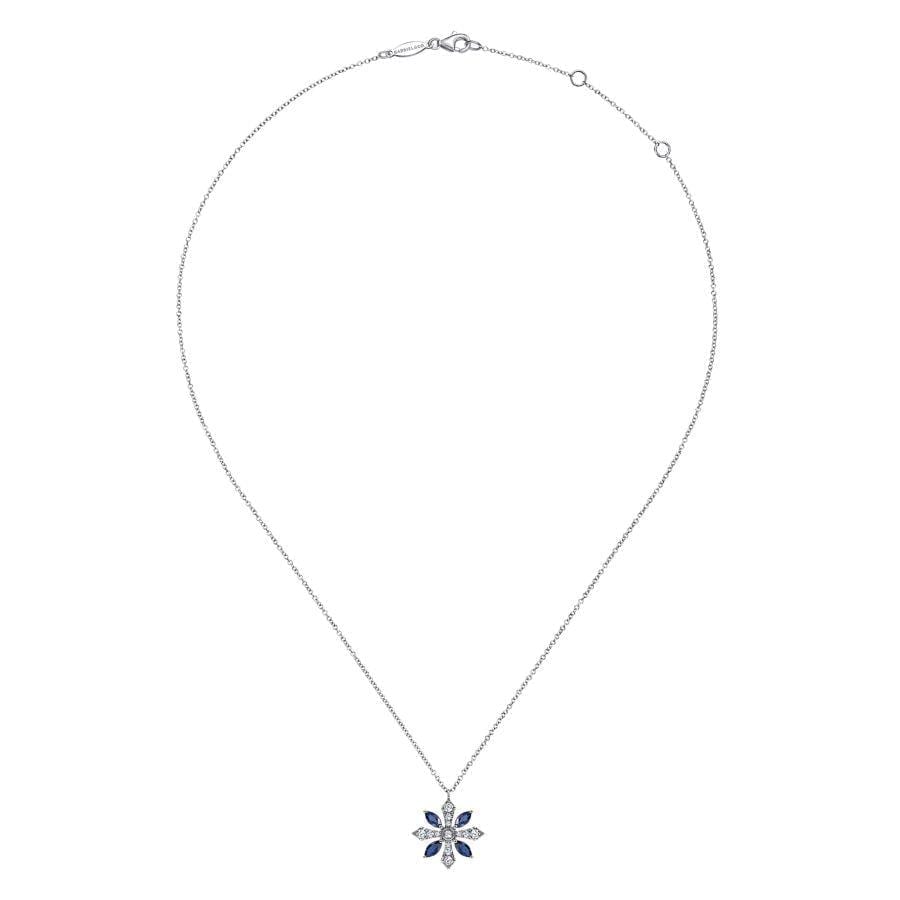 14K White Gold Sapphire and Diamond Snowflake Pendant Necklace - Image 2