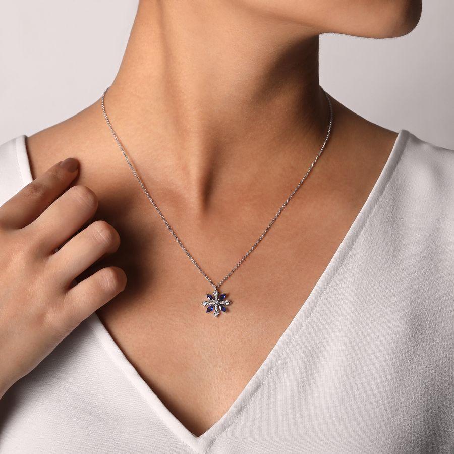 14K White Gold Sapphire and Diamond Snowflake Pendant Necklace - Image 3