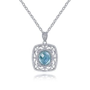 Vintage Inspired 925 Sterling Silver Pendant Necklace with Rock Crystal/Green Onyx Doublet and White Sapphire Stones