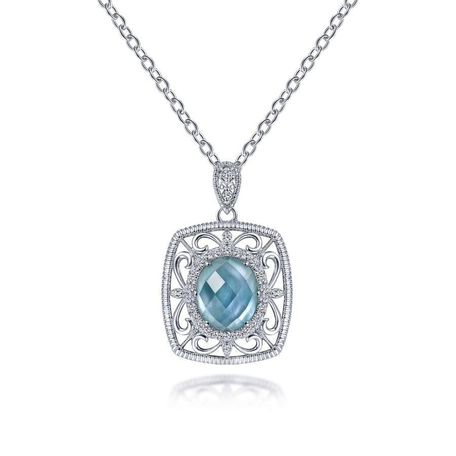 Vintage Inspired 925 Sterling Silver Pendant Necklace with Rock Crystal/Green Onyx Doublet and White Sapphire Stones
