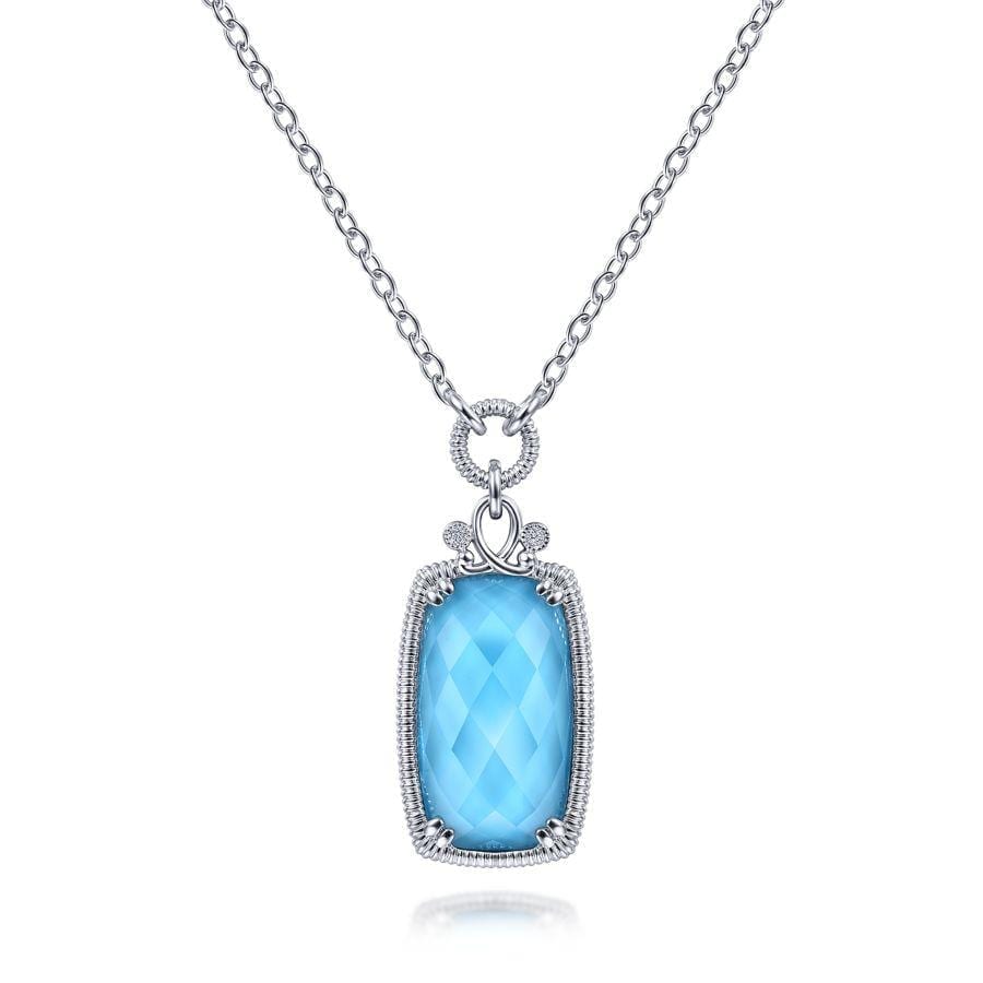 925 Sterling Silver Rock Crystal/Turquoise Pendant Necklace with White Sapphire