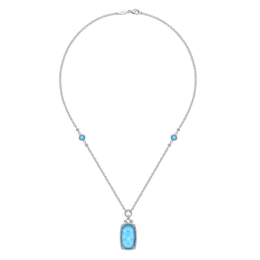 925 Sterling Silver Rock Crystal/Turquoise Pendant Necklace with White Sapphire - Image 2