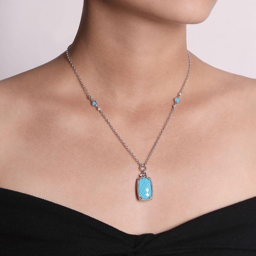 925 Sterling Silver Rock Crystal/Turquoise Pendant Necklace with White Sapphire - Image 3