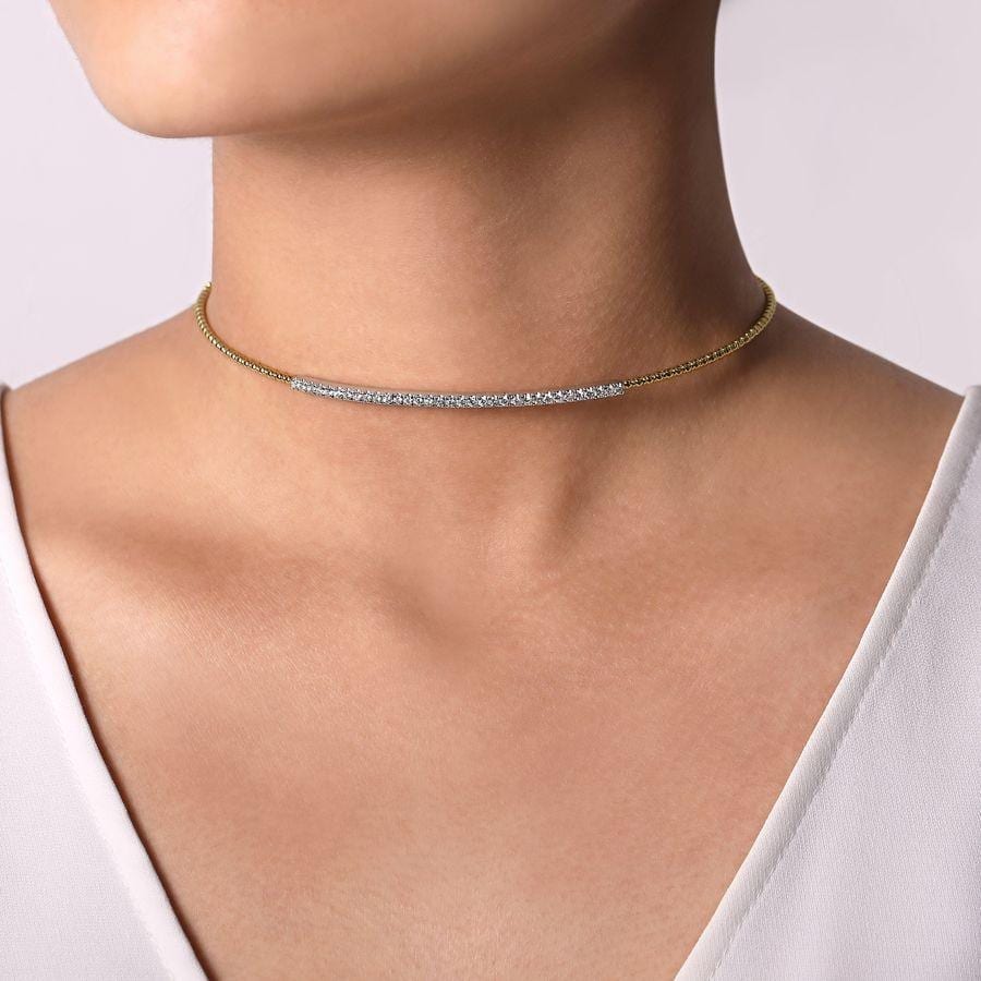 14K Yellow-White Gold Bujukan Beaded Choker Necklace with Diamond Pavé - Image 3