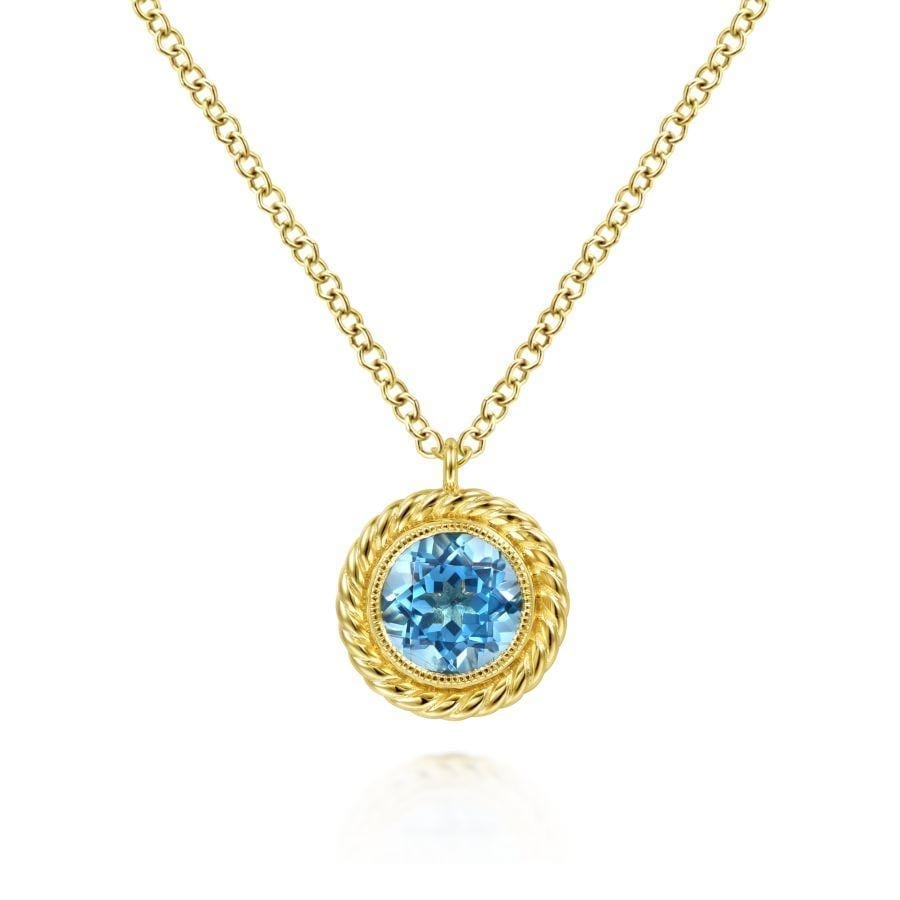 14K Yellow Gold Round Blue Topaz and Twisted Rope Pendant Necklace