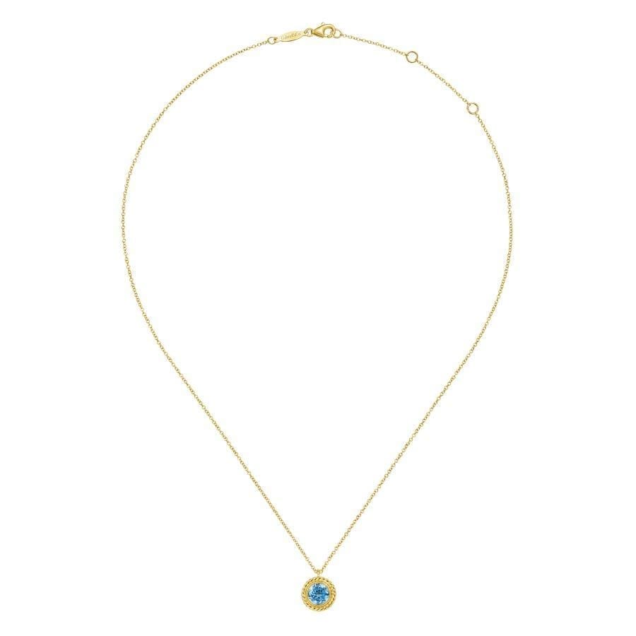 14K Yellow Gold Round Blue Topaz and Twisted Rope Pendant Necklace - Image 2