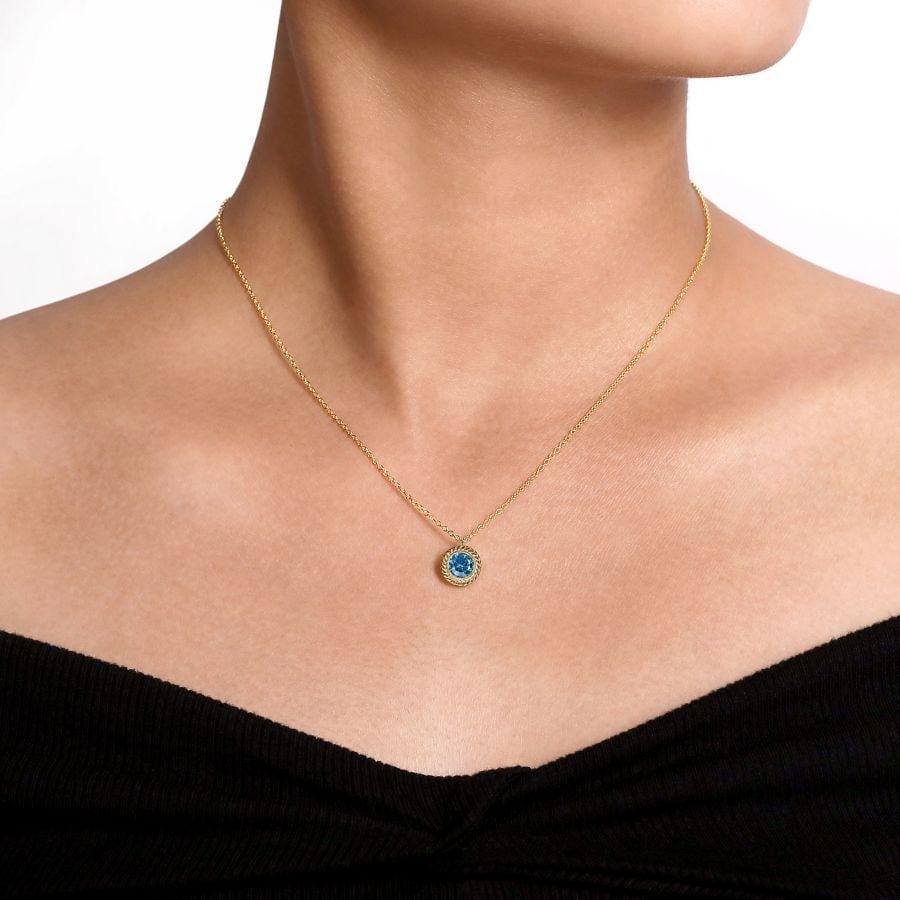 14K Yellow Gold Round Blue Topaz and Twisted Rope Pendant Necklace - Image 3