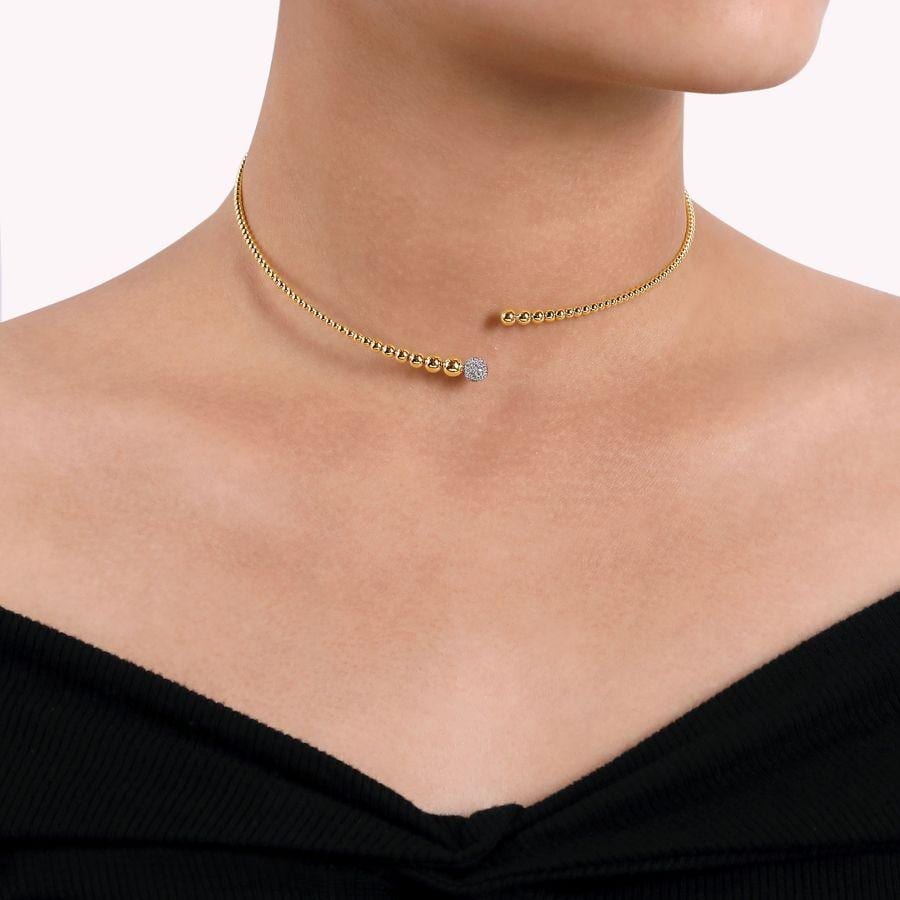 14K Yellow Bujukan Bead Collar Necklace with White Gold Diamond Pavé Ball - Image 3