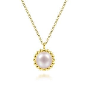 14K Yellow Gold Round Pearl Pendant Necklace with Bujukan Beaded Frame