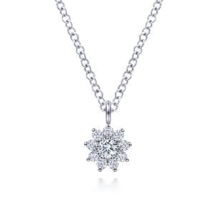 14K White Gold Diamond Flower Pendant Necklace