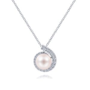 14K White Gold Round Pearl Pendant Necklace with Diamond Halo Swirl