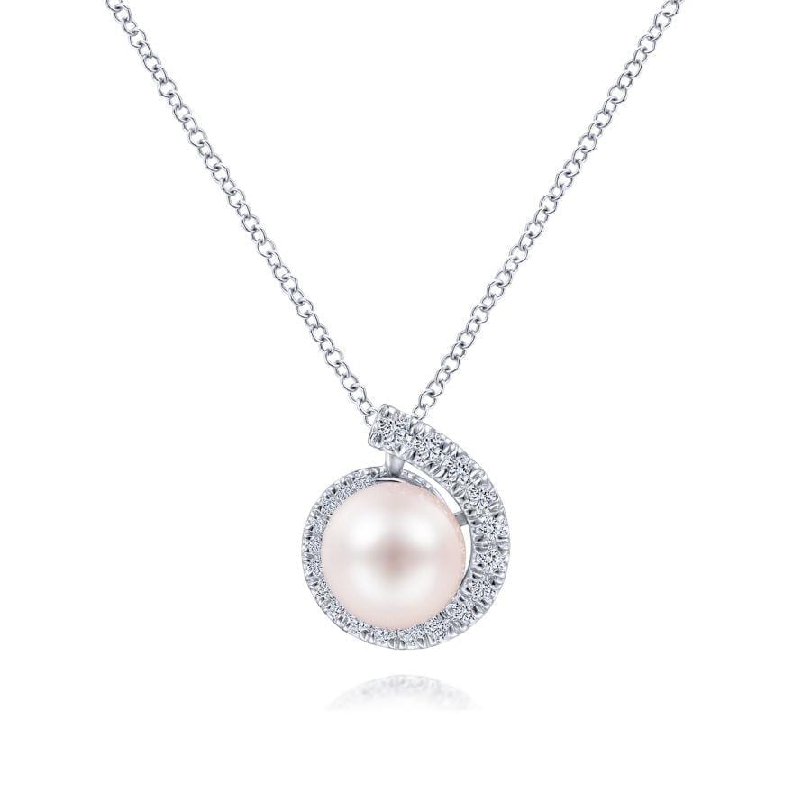 14K White Gold Round Pearl Pendant Necklace with Diamond Halo Swirl