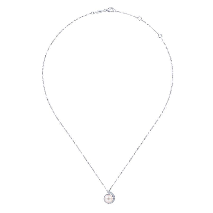 14K White Gold Round Pearl Pendant Necklace with Diamond Halo Swirl - Image 2