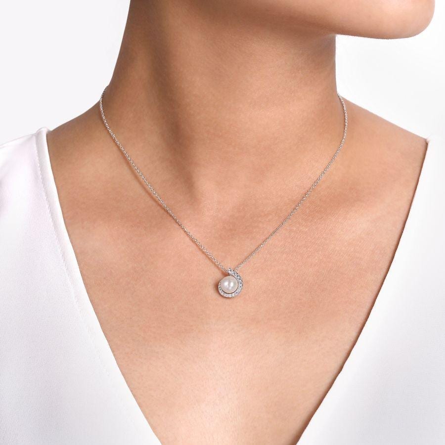 14K White Gold Round Pearl Pendant Necklace with Diamond Halo Swirl - Image 3