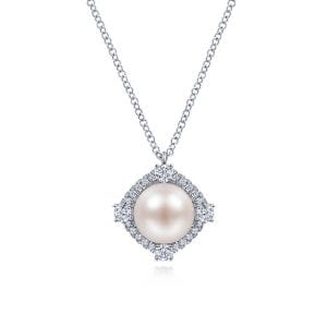 14K White Gold Cultured Pearl Pendant Necklace with Diamond Halo