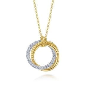 14K Yellow-White Gold Diamond Pavé and Twisted Rope Interlocking Circles Necklace