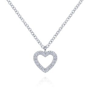 14K White Gold Open Heart Diamond Pendant Necklace