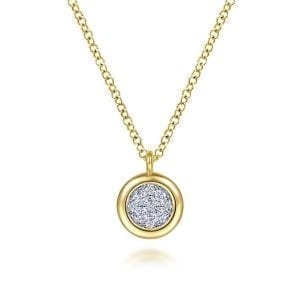 14K Yellow-White Gold Round Pavé Diamond Cluster Pendant Necklace with Bezel Frame