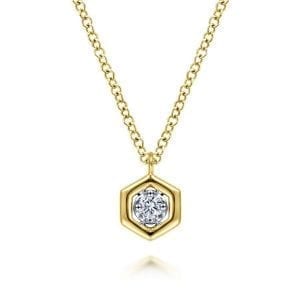 14K Yellow-White Gold Round Diamond Pendant Necklace with Hexagonal Frame