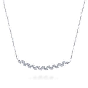 14K White Gold Diamond Pavé Curved Bar Leaf Necklace