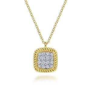 Square 14K Yellow Gold Pavé Diamond Pendant Necklace with Twisted Rope Frame