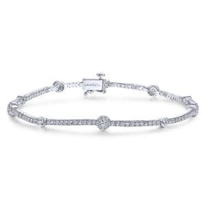 14K White Gold Diamond Tennis Bracelet with Round Cluster Stations