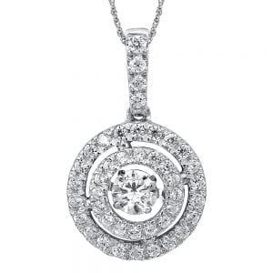 Dancing Diamond Round Halo Pendant in 14K White Gold with Chain