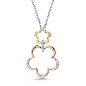 14K Gold Tri-Color Floral Diamond Pendant