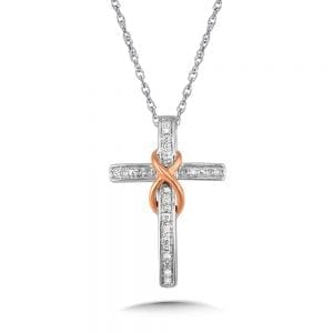 Sterling Silver and 14K Rose Gold Infinity Cross Diamond Pendant