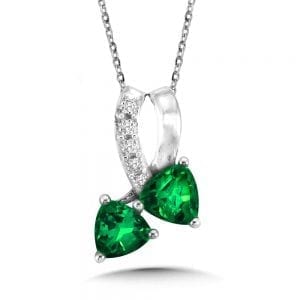 Dual Trillion Cut Criss Cross Created Emerald and Diamond Pendant
