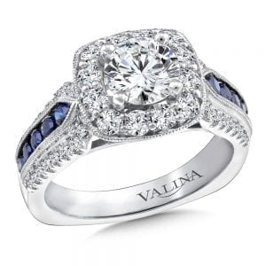 Diamond and Blue Sapphire Halo Engagement Ring