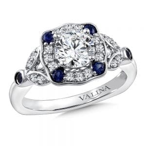 Diamond and Blue Sapphire Halo Engagement Ring