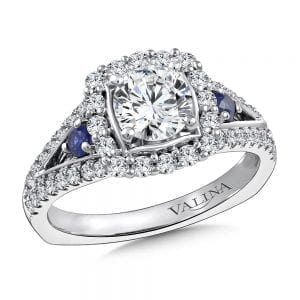 Diamond and Blue Sapphire Halo Engagement Ring