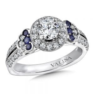 Diamond and Blue Sapphire Halo Engagement Ring