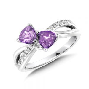 Dual Trillion Cut Criss Cross Amethyst and Diamond Ring