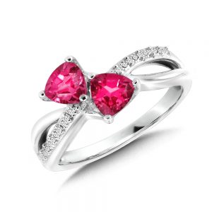 Dual Trillion Cut Criss Cross Created Pink Sapphire and Diamond Ring