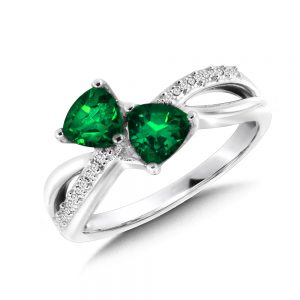 Dual Trillion Cut Criss Cross Created Emerald and Diamond Ring