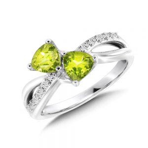 Dual Trillion Cut Criss Cross Peridot and Diamond Ring