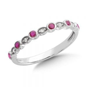 Pave and Bezel set Ruby and Diamond Stackable Ring in 10k White Gold