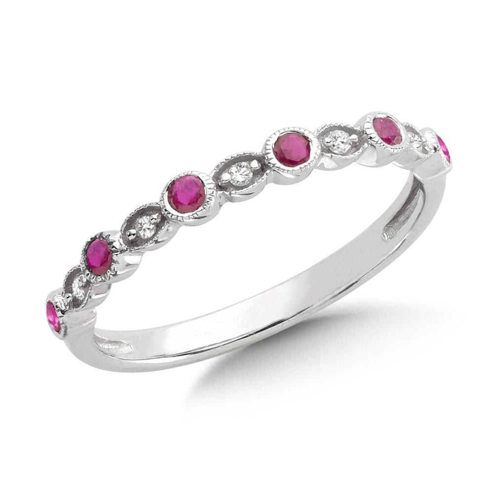 Pave and Bezel set Ruby and Diamond Stackable Ring in 10k White Gold