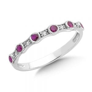 Pave and Bezel set Ruby and Diamond Stackable Ring in 14k White Gold