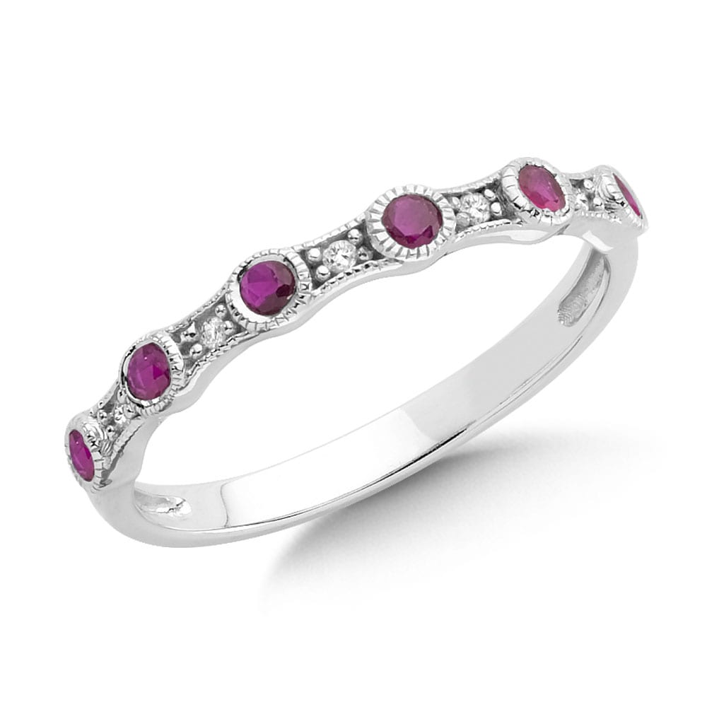 Pave and Bezel set Ruby and Diamond Stackable Ring in 14k White Gold